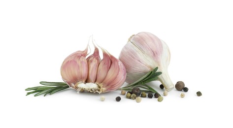 Fresh garlic, peppercorns and rosemary isolated on white