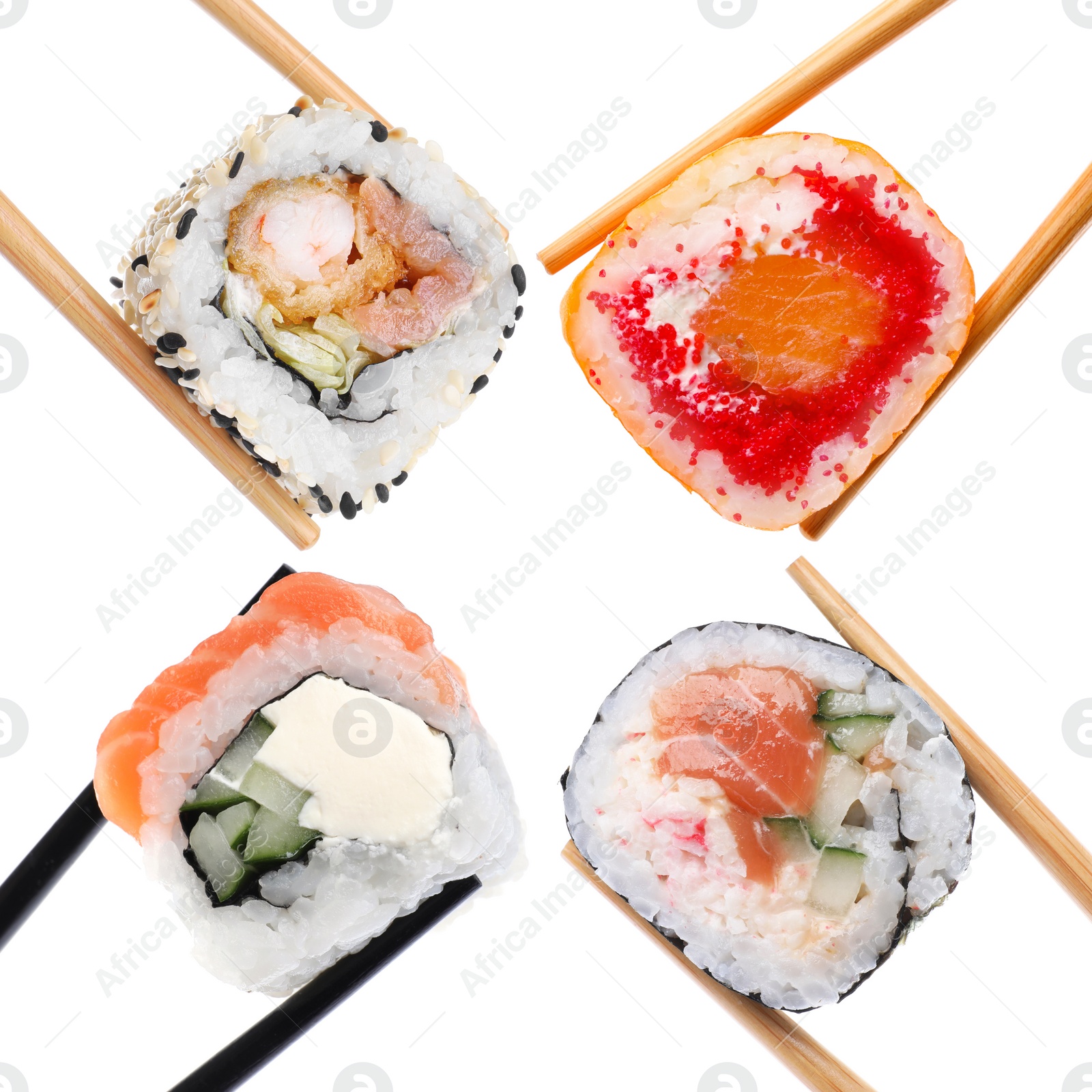 Image of Different sushi isolated on white. Chopsticks with asian food, set