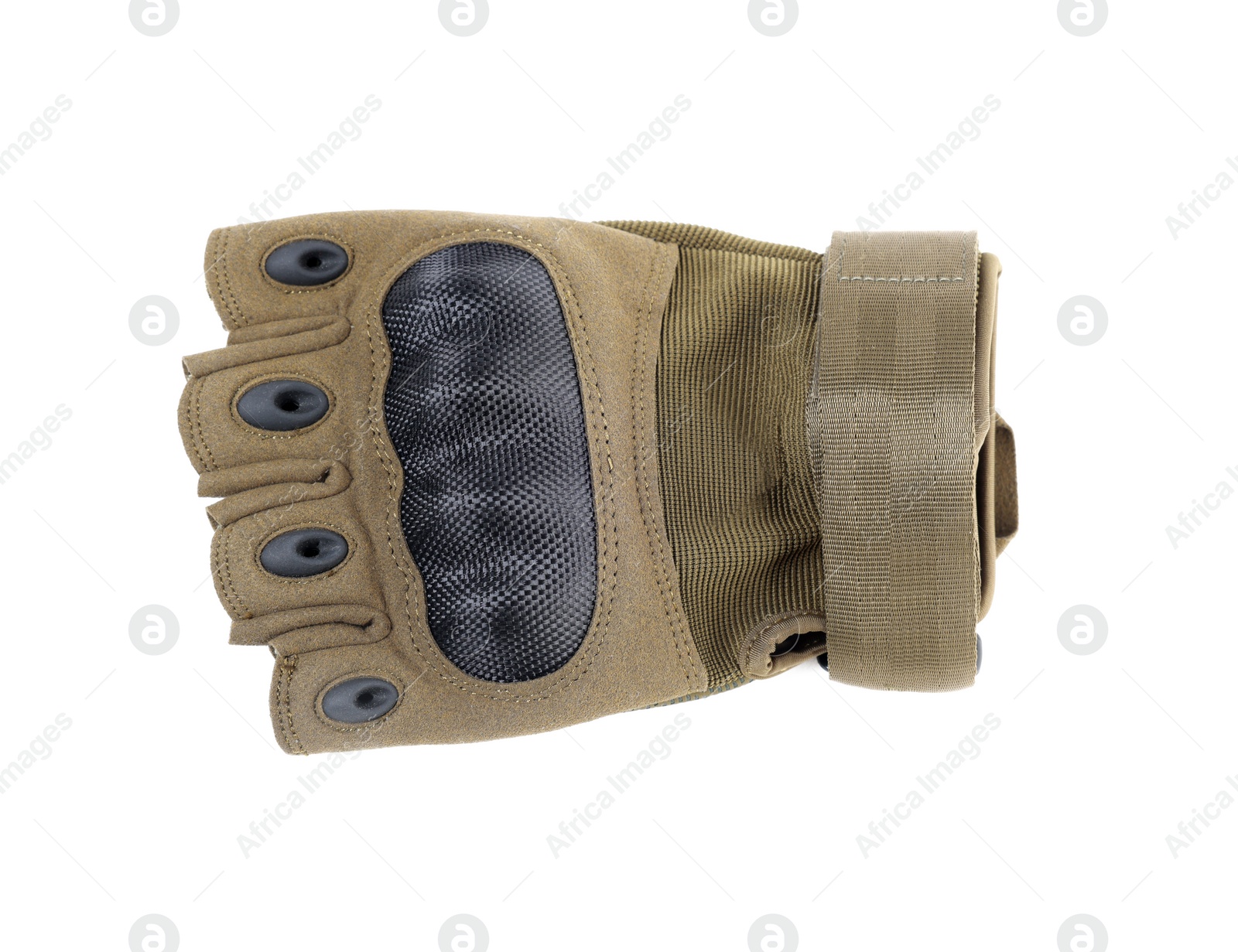 Photo of Tactical glove isolated on white, top view. Military training equipment