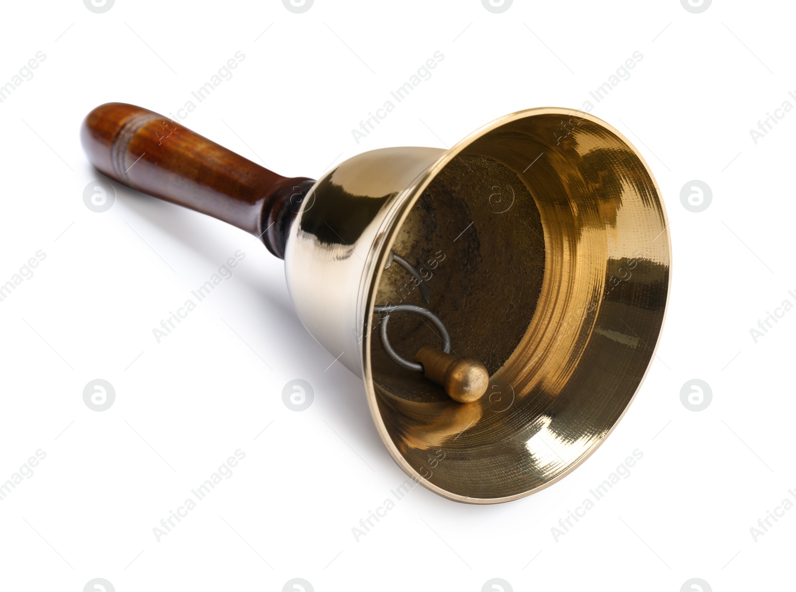 Photo of Golden school bell with wooden handle isolated on white