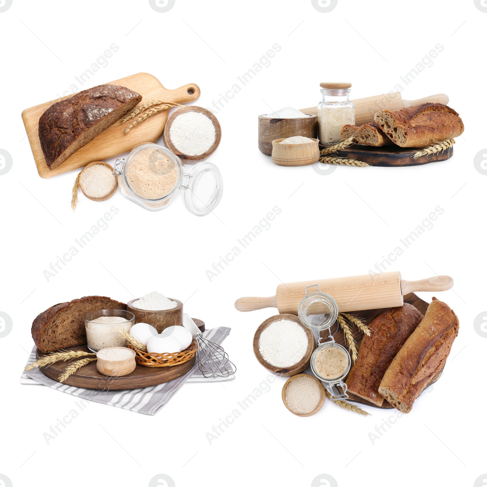 Image of Collage with sourdough starter and different freshly baked bread isolated on white. Leavening agent