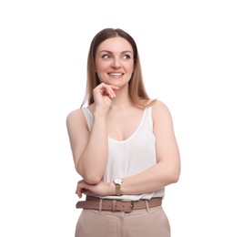 Photo of Beautiful business woman posing on white background