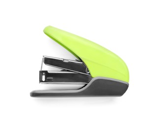 Photo of Bright green stapler isolated on white, top view