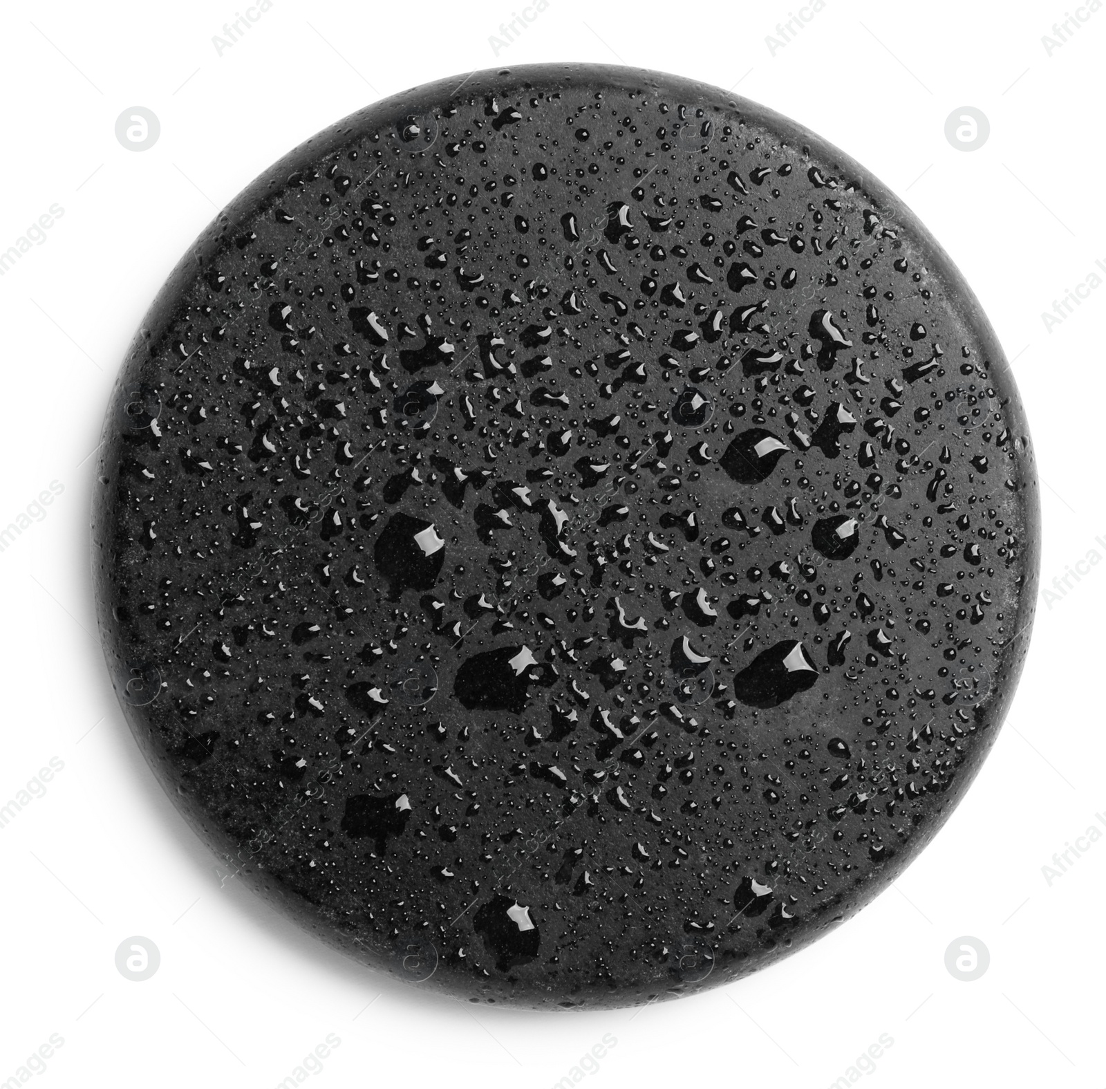 Photo of Wet stone with water drops isolated on white, top view