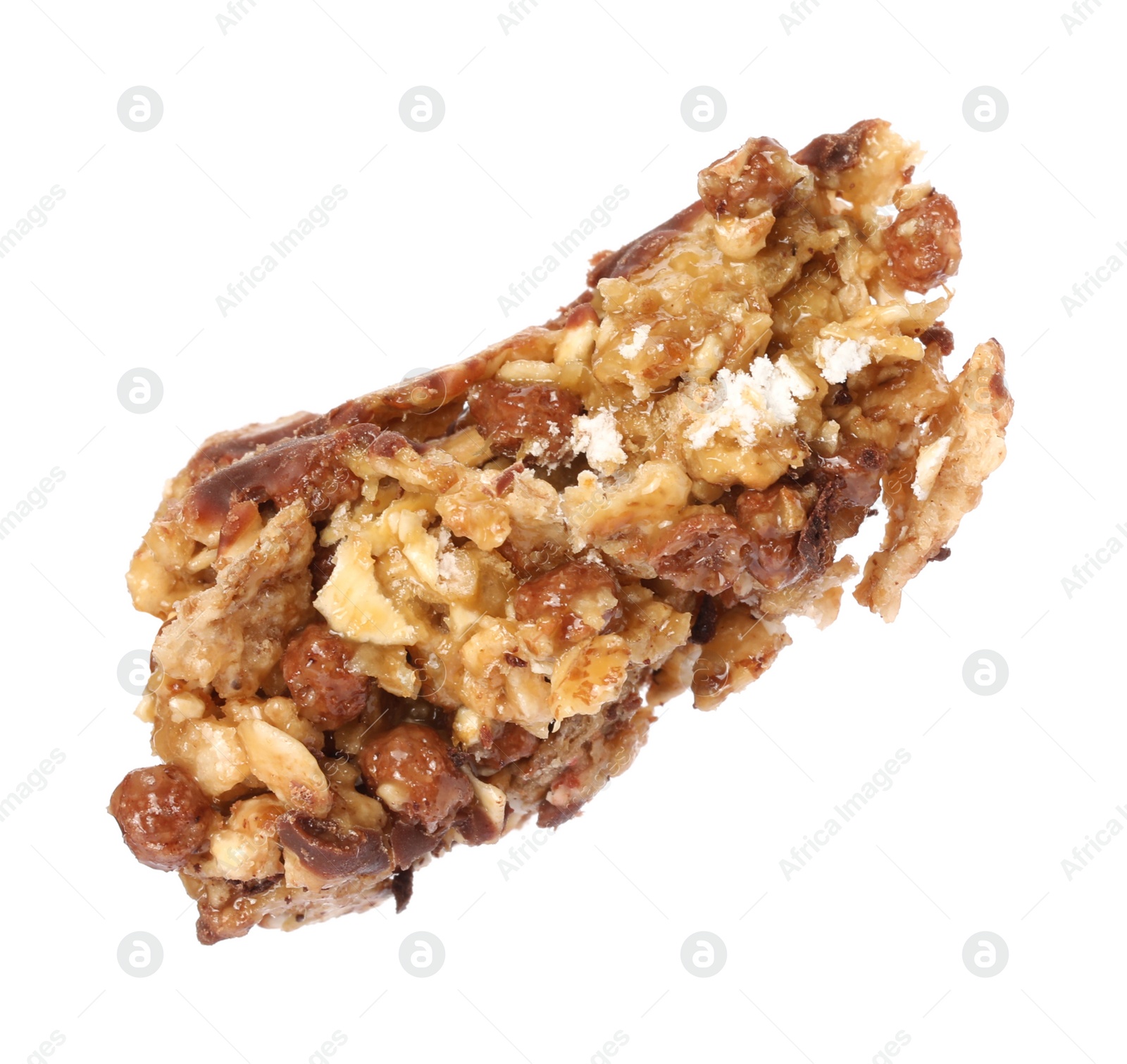 Photo of One piece of tasty granola bar isolated on white