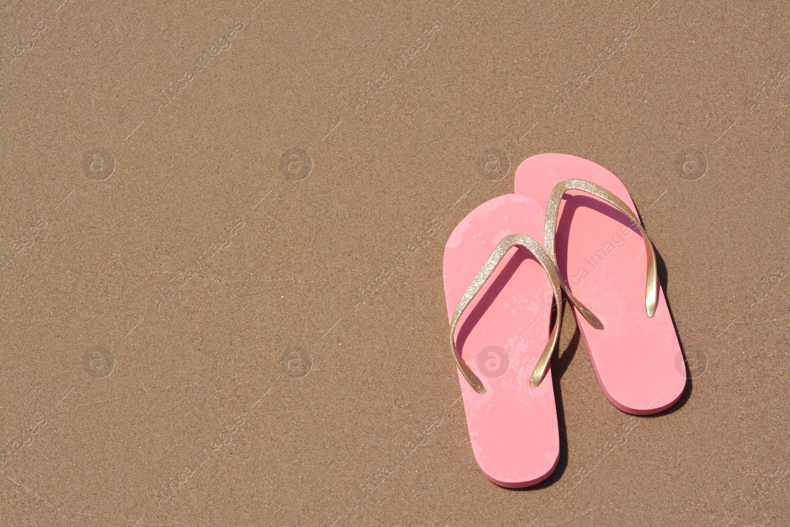 Photo of Stylish pink flip flops on wet sand, above view. Space for text