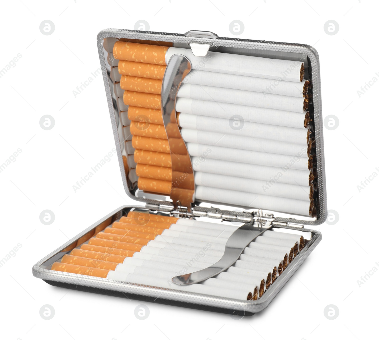 Photo of Stylish case with cigarettes isolated on white