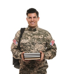 Photo of Cadet with backpack and books isolated on white. Military education