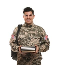 Cadet with backpack and books isolated on white. Military education