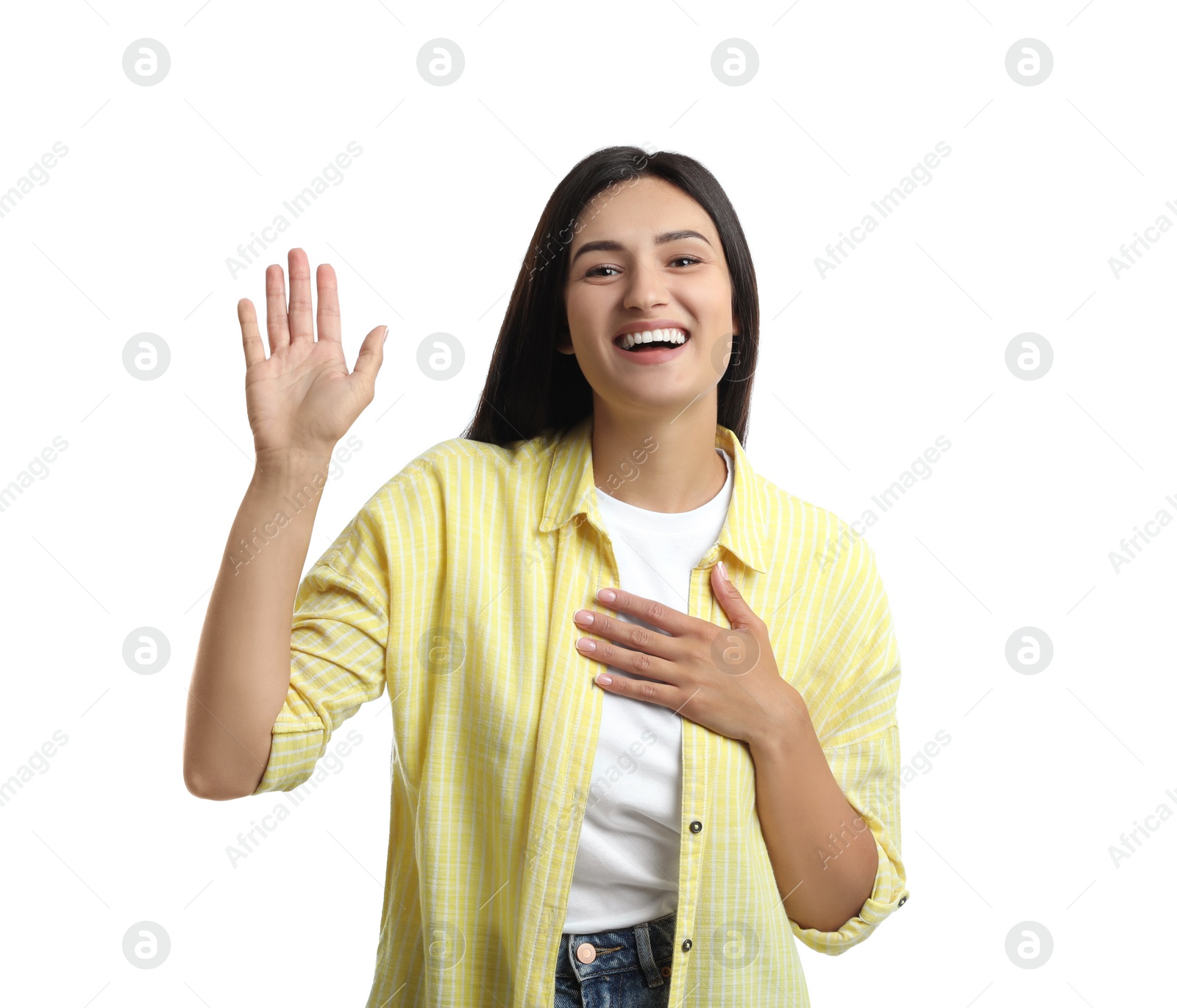 Photo of Happy woman waving to say hello on white background