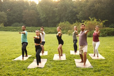 Group of people practicing yoga on mats outdoors