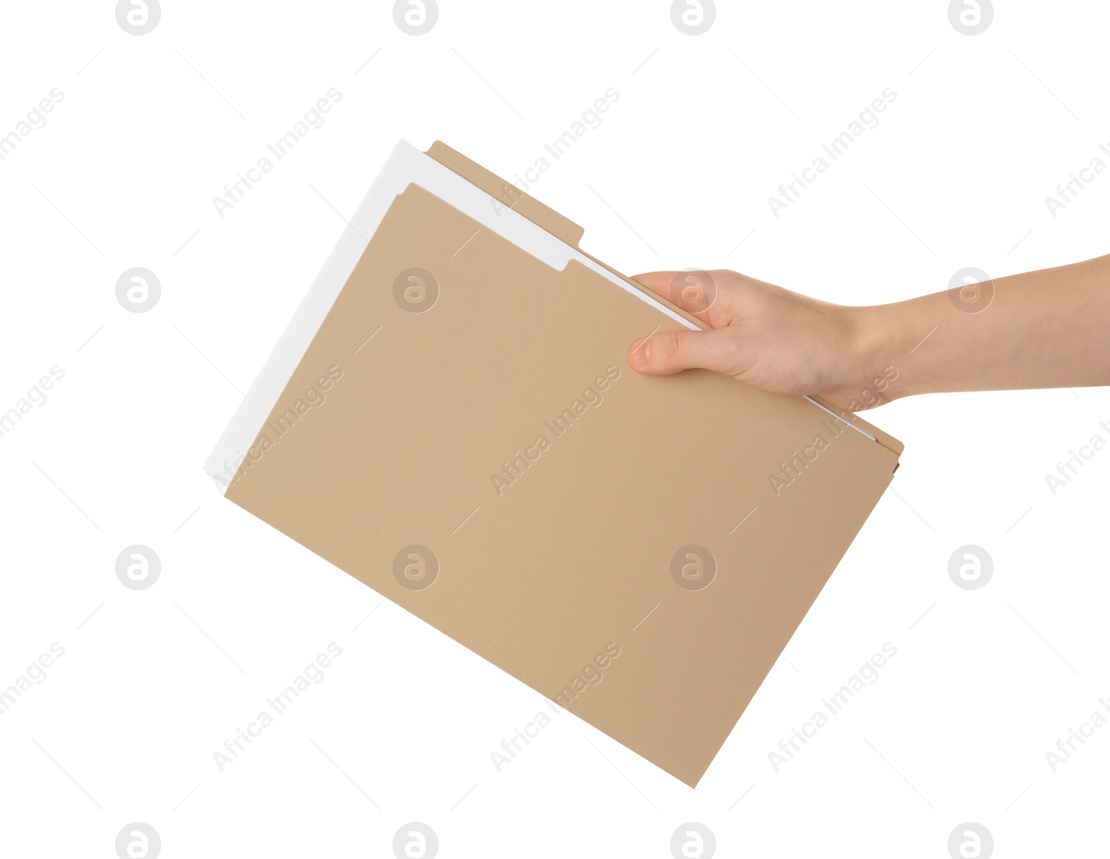 Photo of Woman holding yellow file with documents on white background, closeup