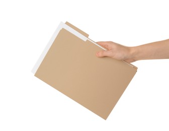 Woman holding yellow file with documents on white background, closeup