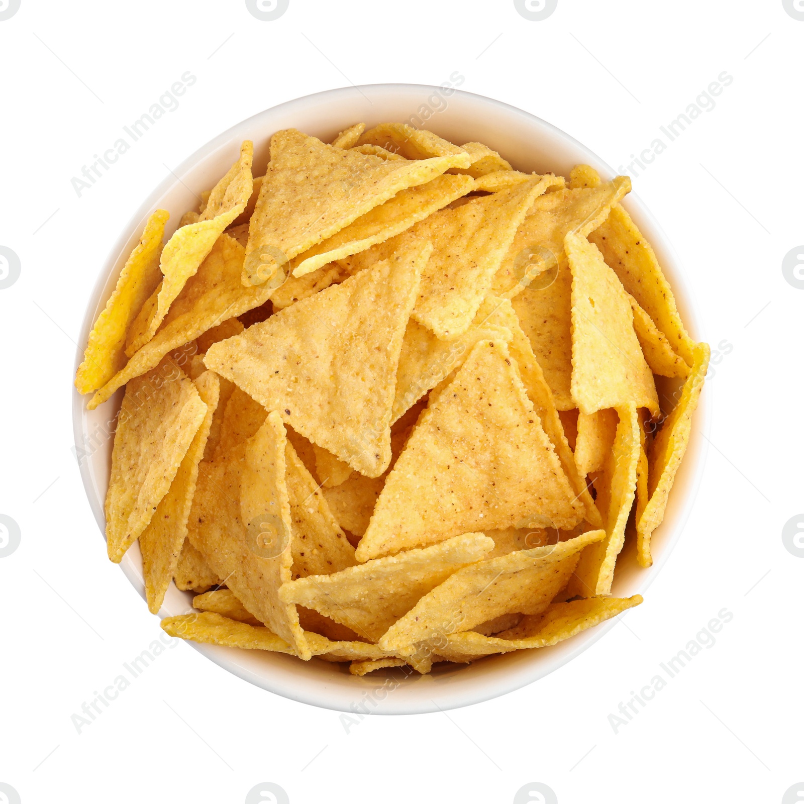 Photo of Bowl of tasty tortilla chips (nachos) on white background, top view