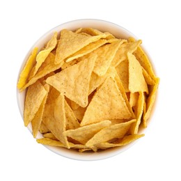 Bowl of tasty tortilla chips (nachos) on white background, top view