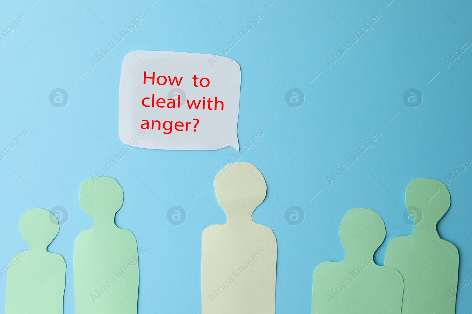 Photo of Paper cutout of crowd and speech bubble with inscription How To Deal With Anger? on light blue background, flat lay. Emotional management