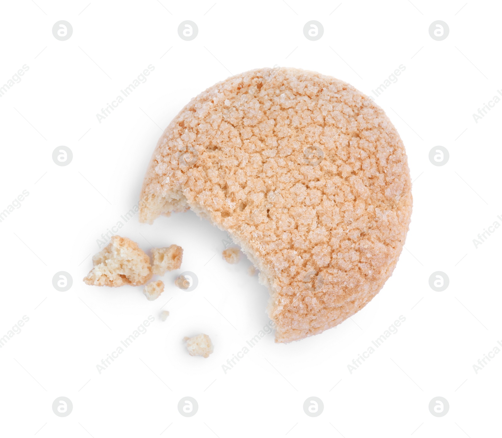 Photo of BItten tasty sugar cookie isolated on white, top view