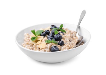 Photo of Tasty oatmeal with blueberries, mint and almond flakes in bowl isolated on white