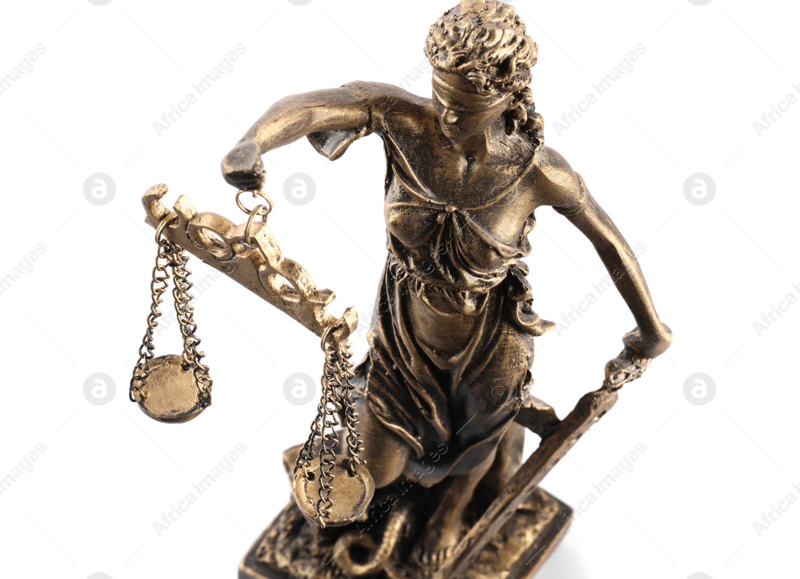 Photo of Statue of Lady Justice isolated on white, above view. Symbol of fair treatment under law