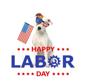 Image of Happy Labor Day. Cute dog with sunglasses and American flag on white background