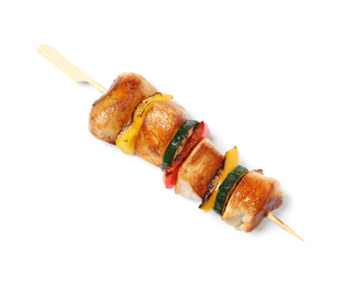 Photo of Delicious chicken shish kebab with vegetables on white background, top view