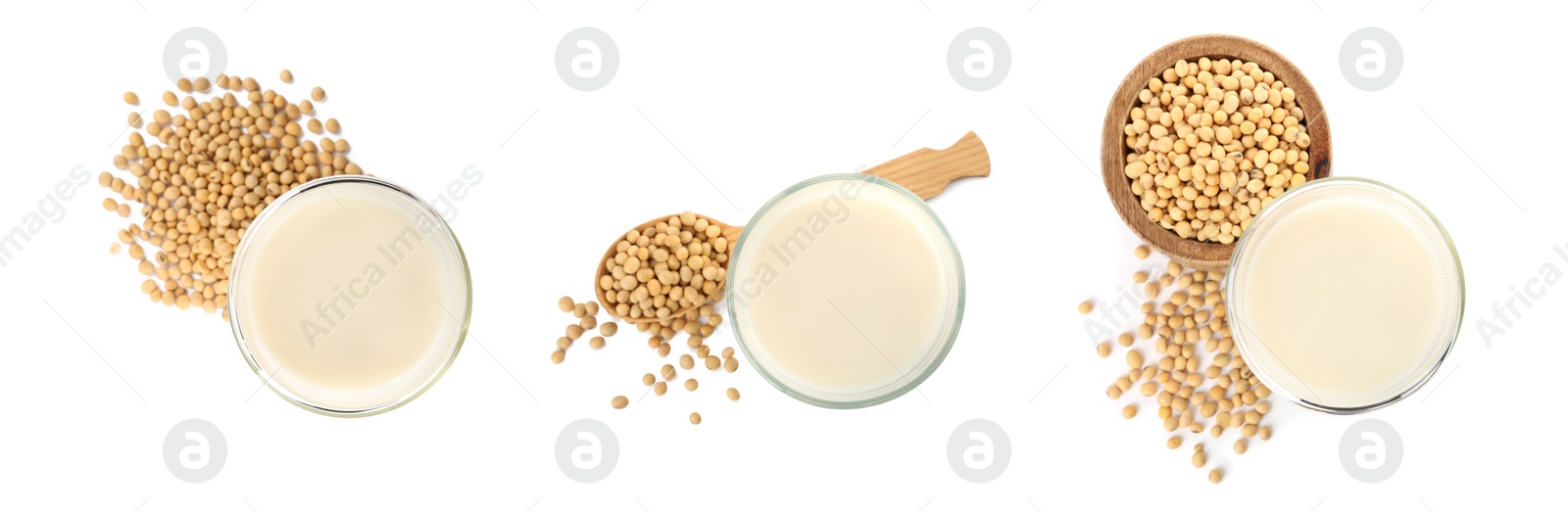 Image of Set with natural soy milk and beans on white background, top view. Banner design
