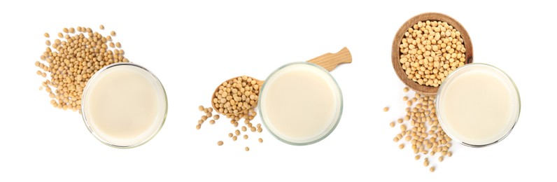 Set with natural soy milk and beans on white background, top view. Banner design