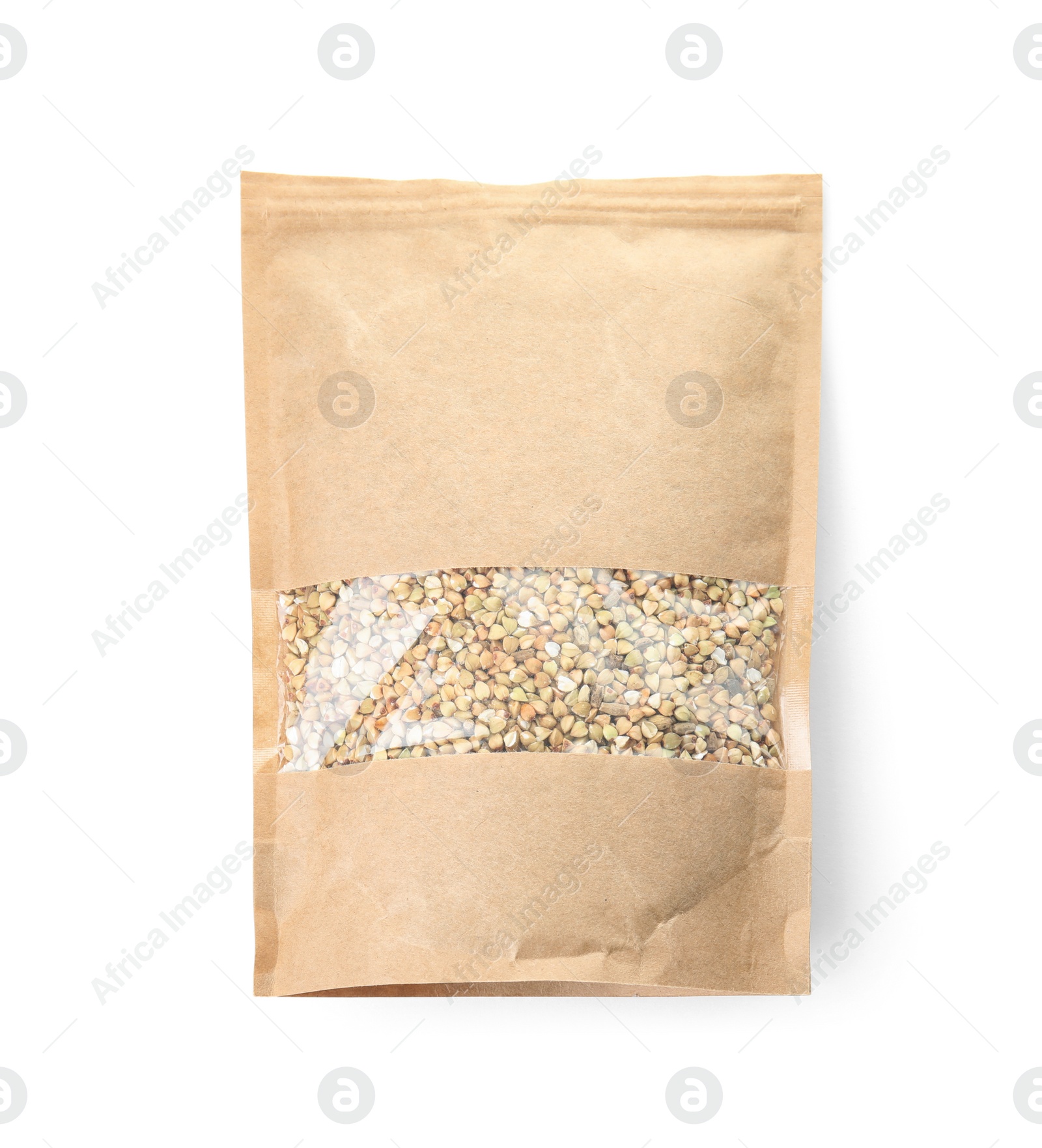 Photo of Uncooked green buckwheat grains in package isolated on white, top view. Mockup for design