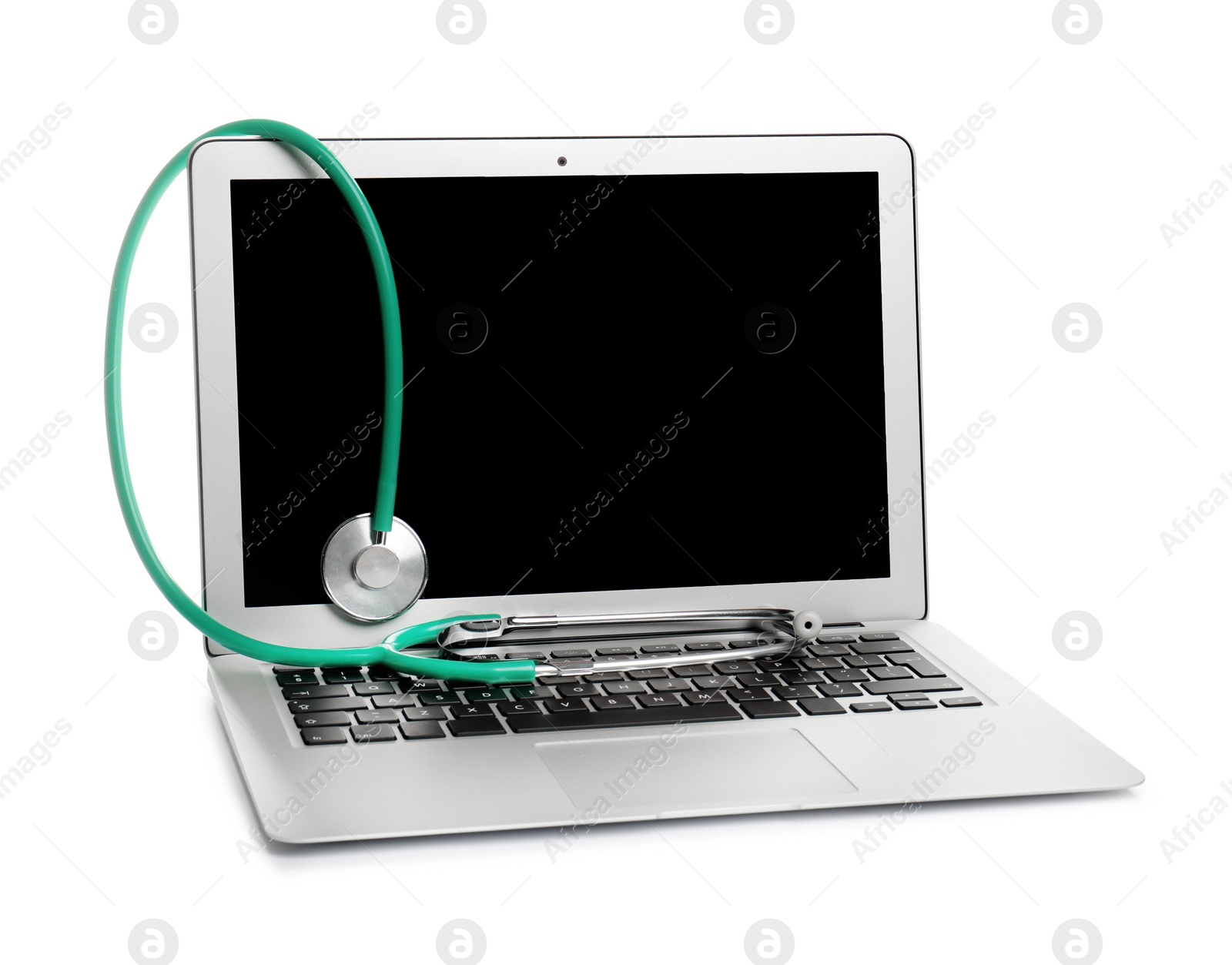 Photo of Modern laptop with stethoscope on white background. Mockup for design