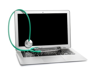 Modern laptop with stethoscope on white background. Mockup for design