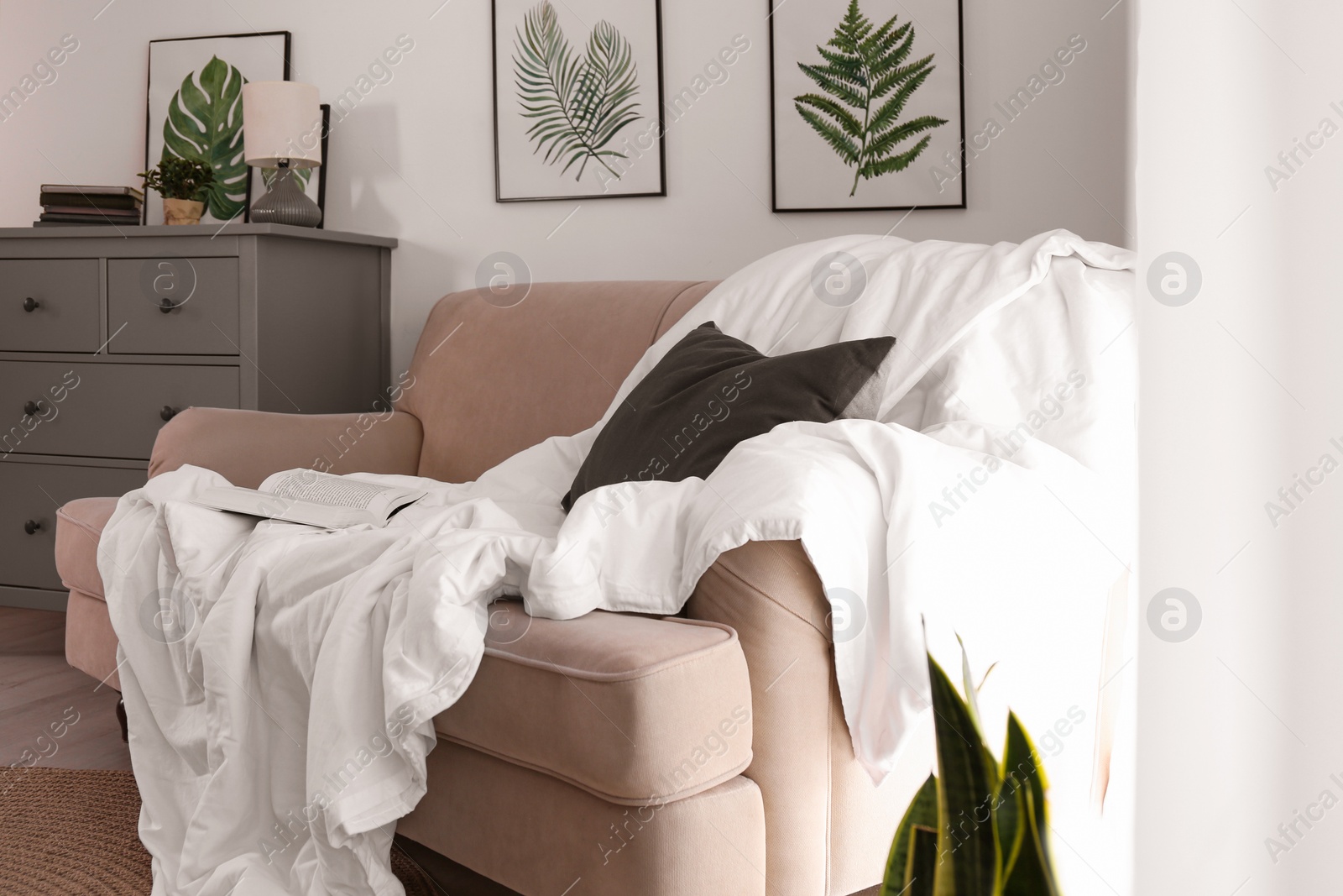 Photo of Comfortable sofa with blanket in stylish room