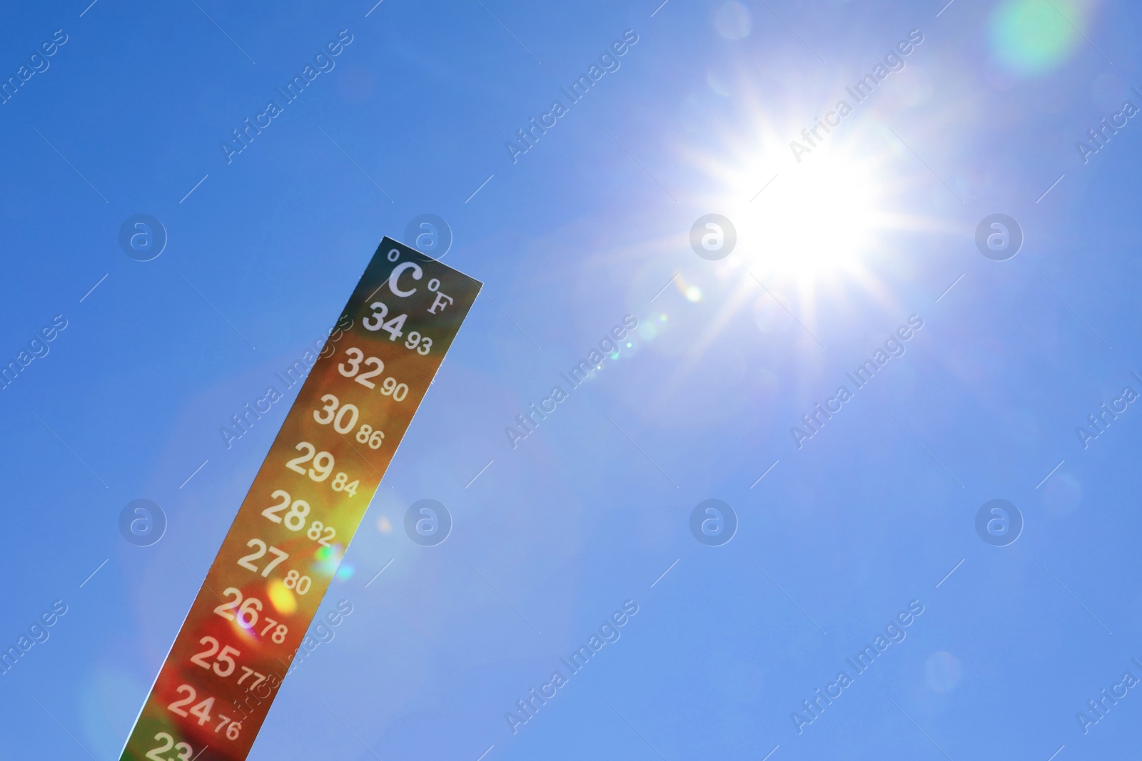 Photo of Weather thermometer against blue sky, space for text