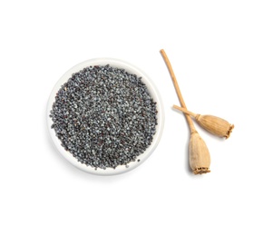 Bowl with poppy seeds on white background, top view