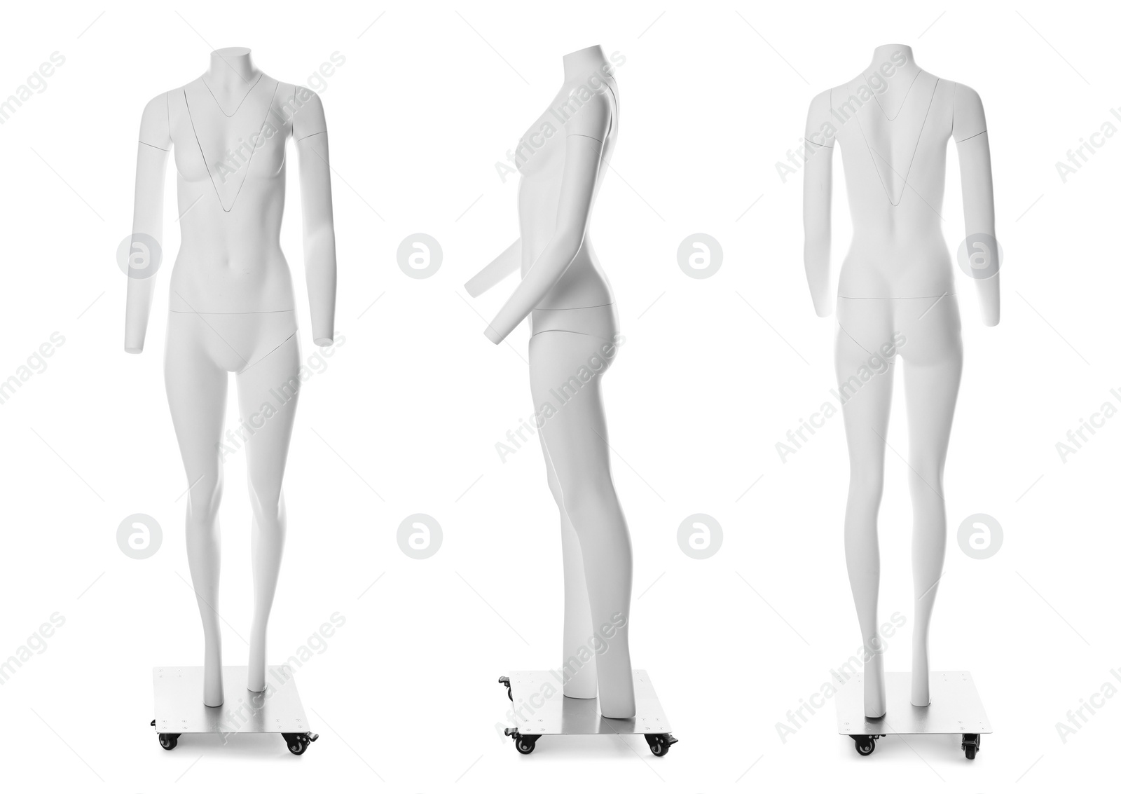 Image of Set of ghost headless mannequins with removable pieces on white background