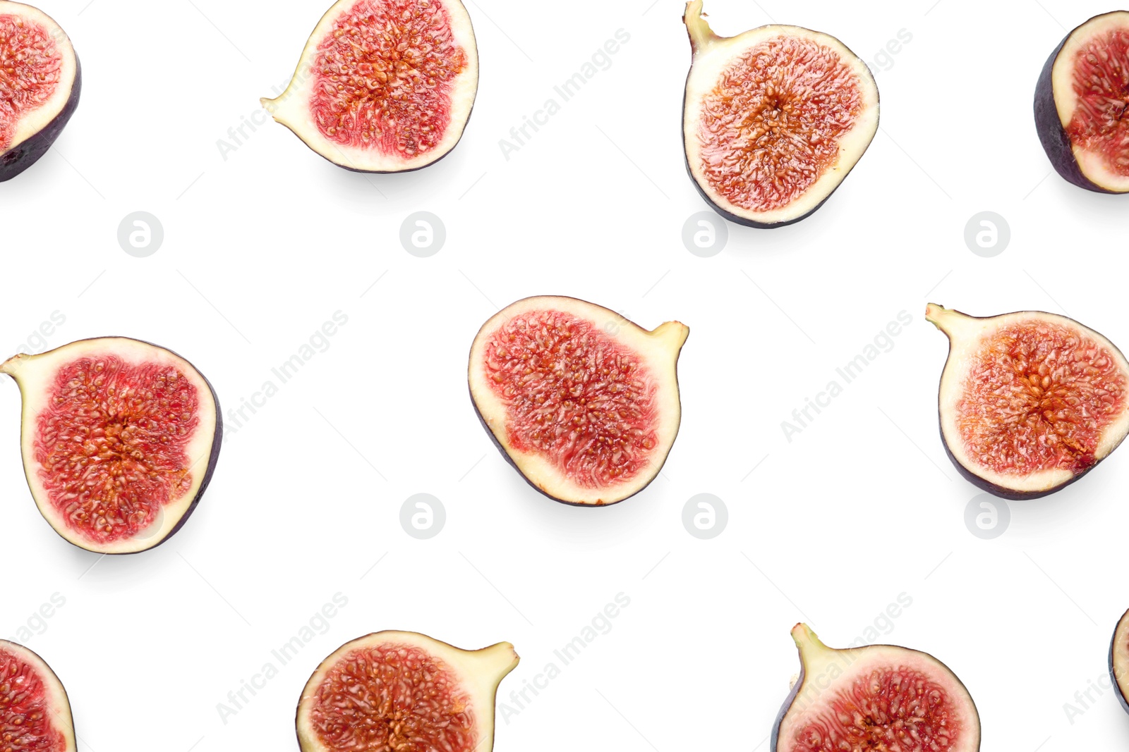 Photo of Cut ripe figs on white background, top view