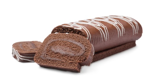 Tasty chocolate cake roll with cream on white background