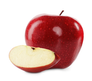 Image of Cut and whole red apples on white background