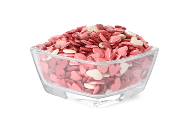 Photo of Bright heart shaped sprinkles in glass bowl isolated on white