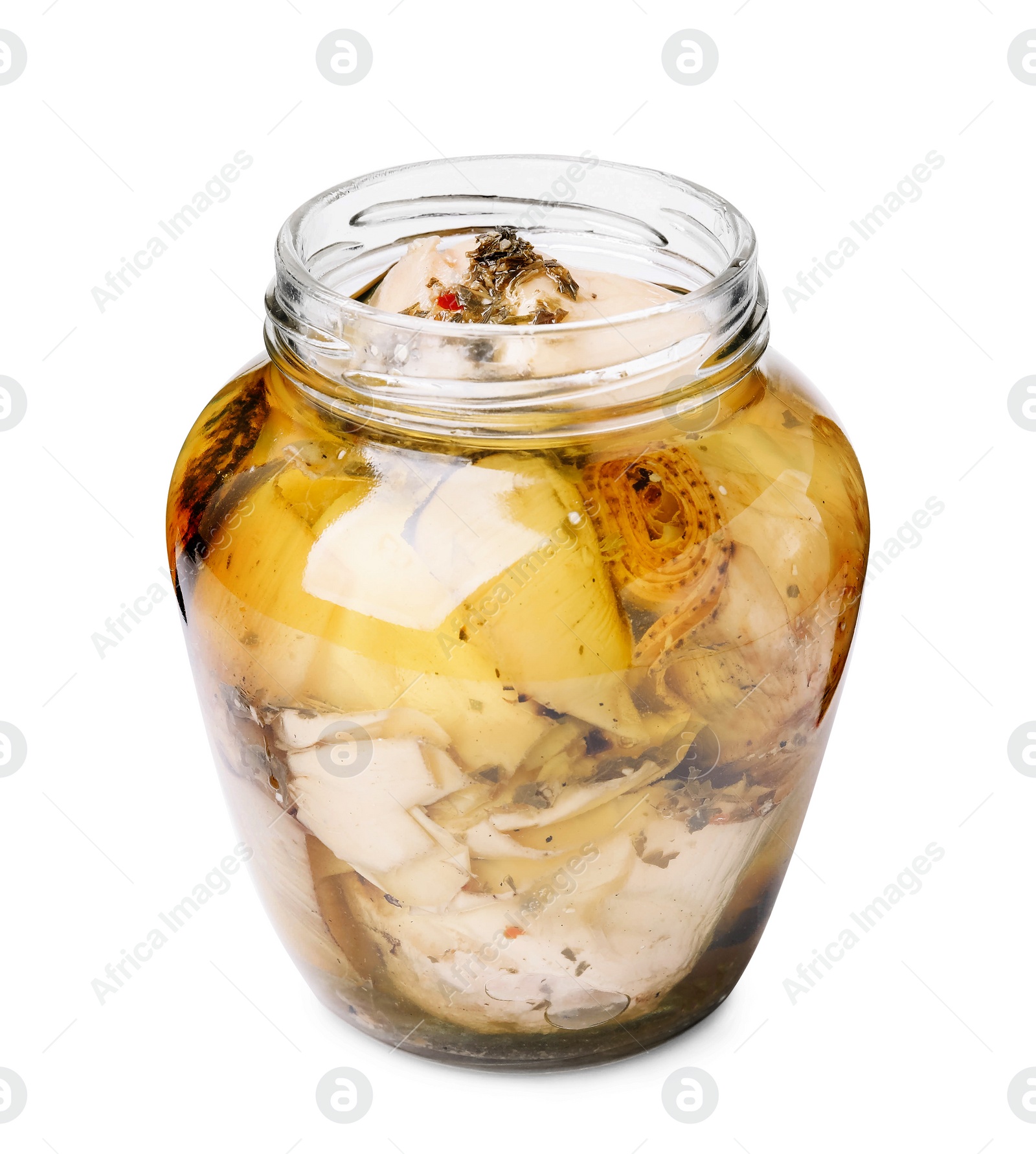 Photo of Open jar of delicious artichokes pickled in olive oil isolated on white