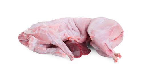 Photo of Whole raw rabbit carcass and liver isolated on white