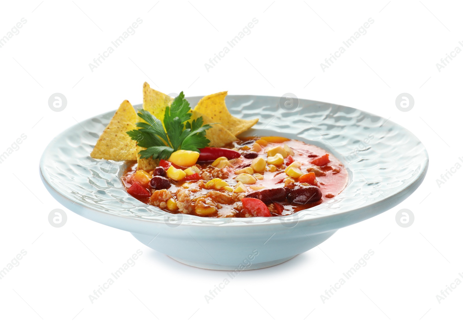 Photo of Plate with tasty chili con carne on white background