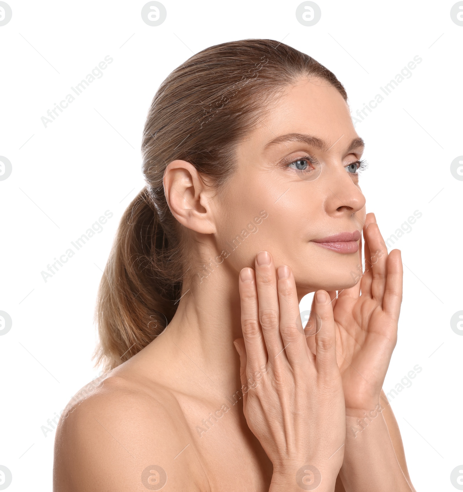 Photo of Woman massaging her face on white background