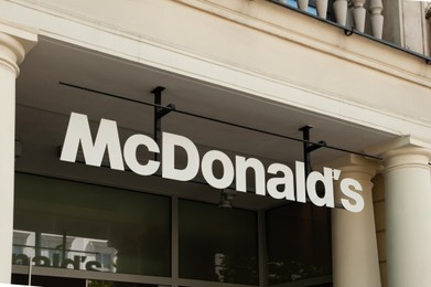 WARSAW, POLAND - JULY 19, 2022: Signboard with McDonald's Restaurant logo outdoors