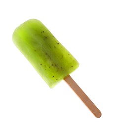 Photo of Tasty kiwi ice pop isolated on white. Fruit popsicle