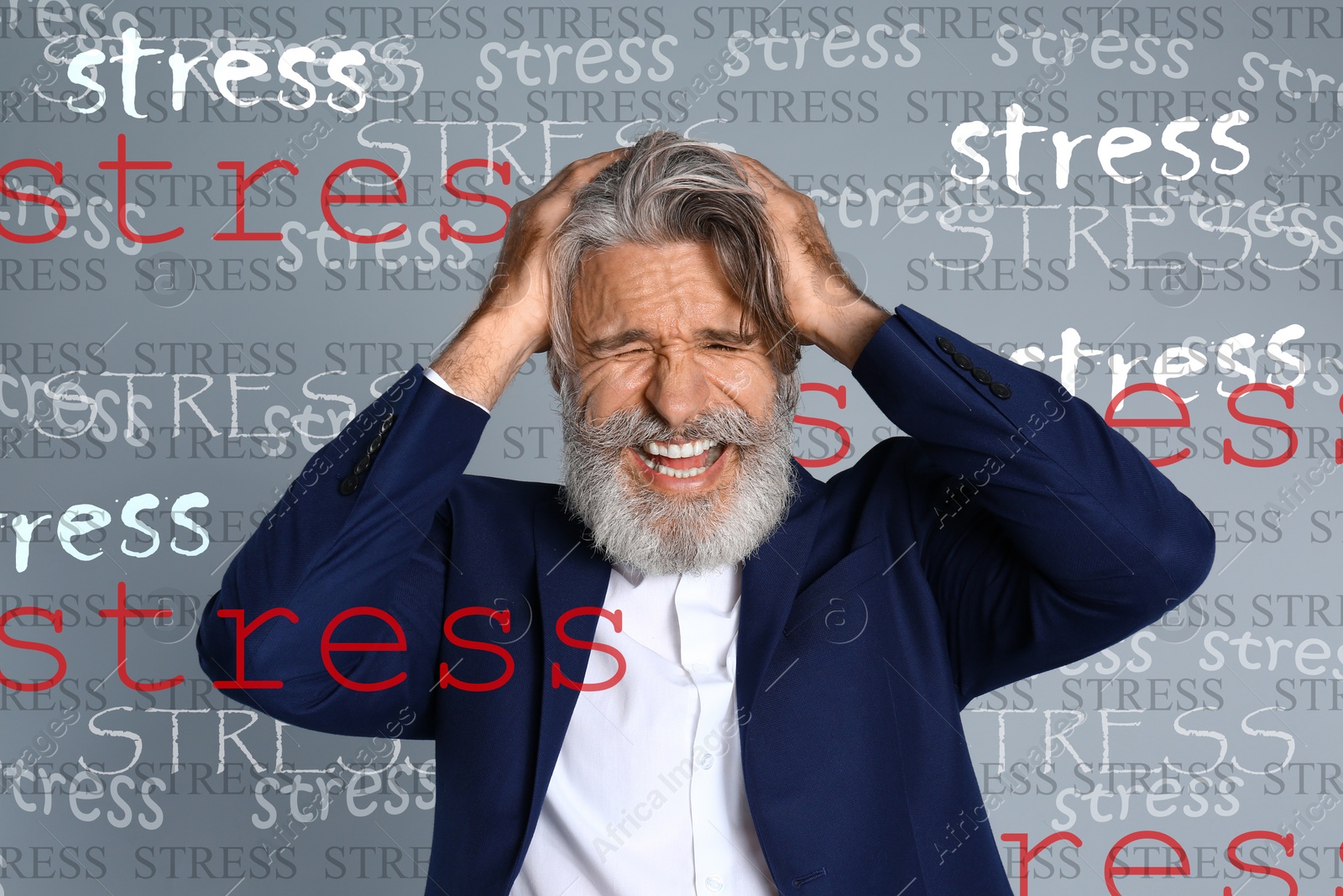 Image of Man suffering from depression and words STRESS on grey background