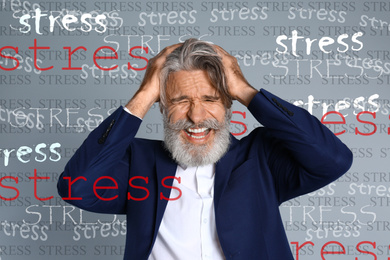 Image of Man suffering from depression and words STRESS on grey background