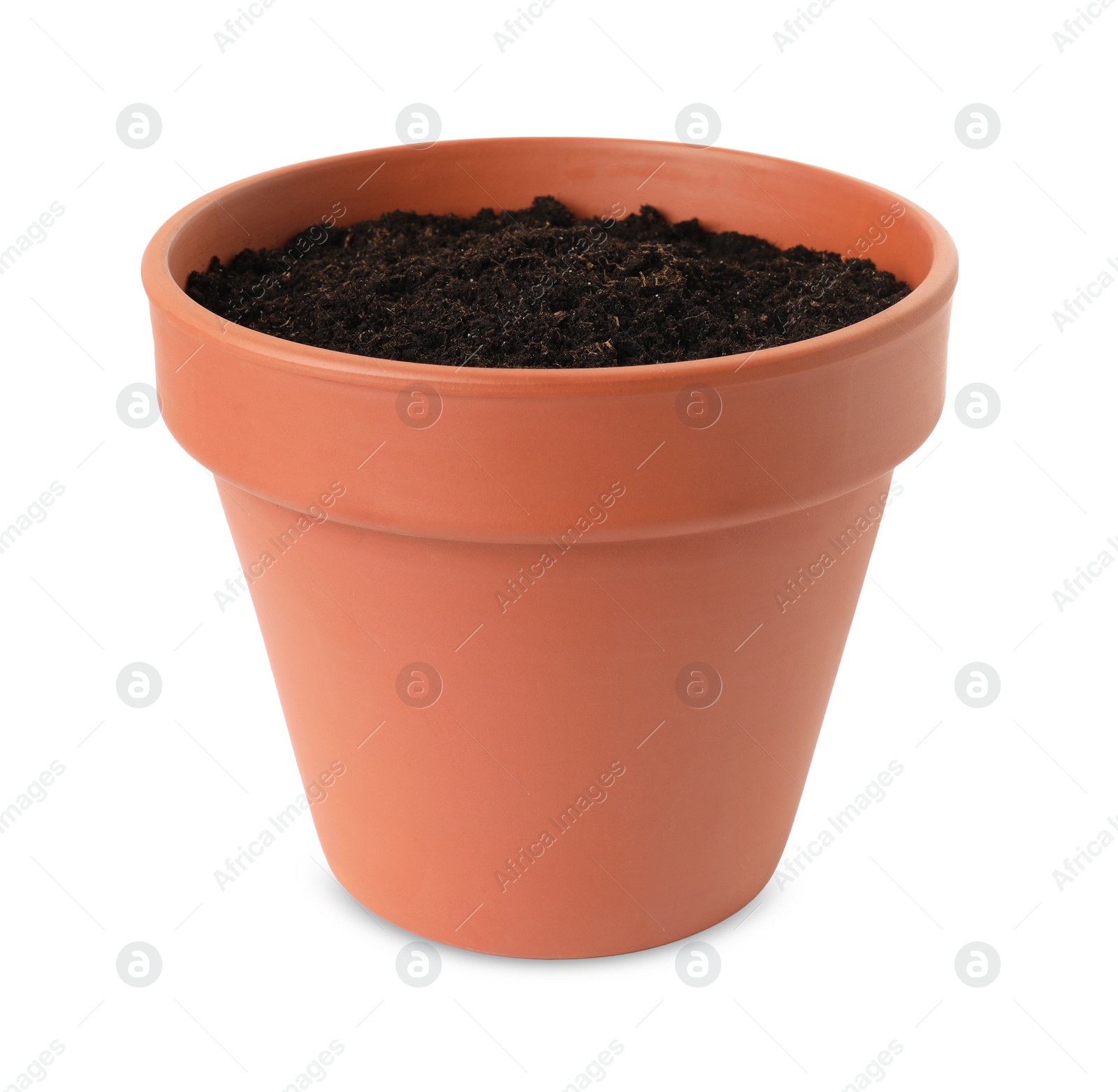 Photo of Clay flower pot with soil isolated on white