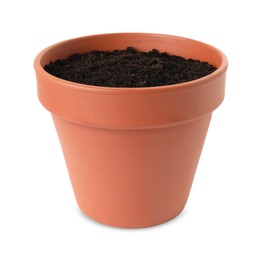 Clay flower pot with soil isolated on white