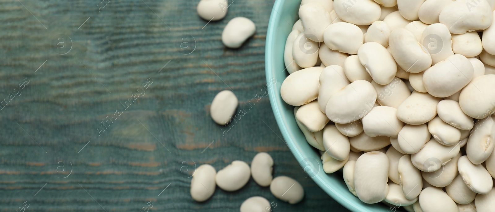 Image of Bowl of white beans and space for text on blue wooden table, top view. Banner design