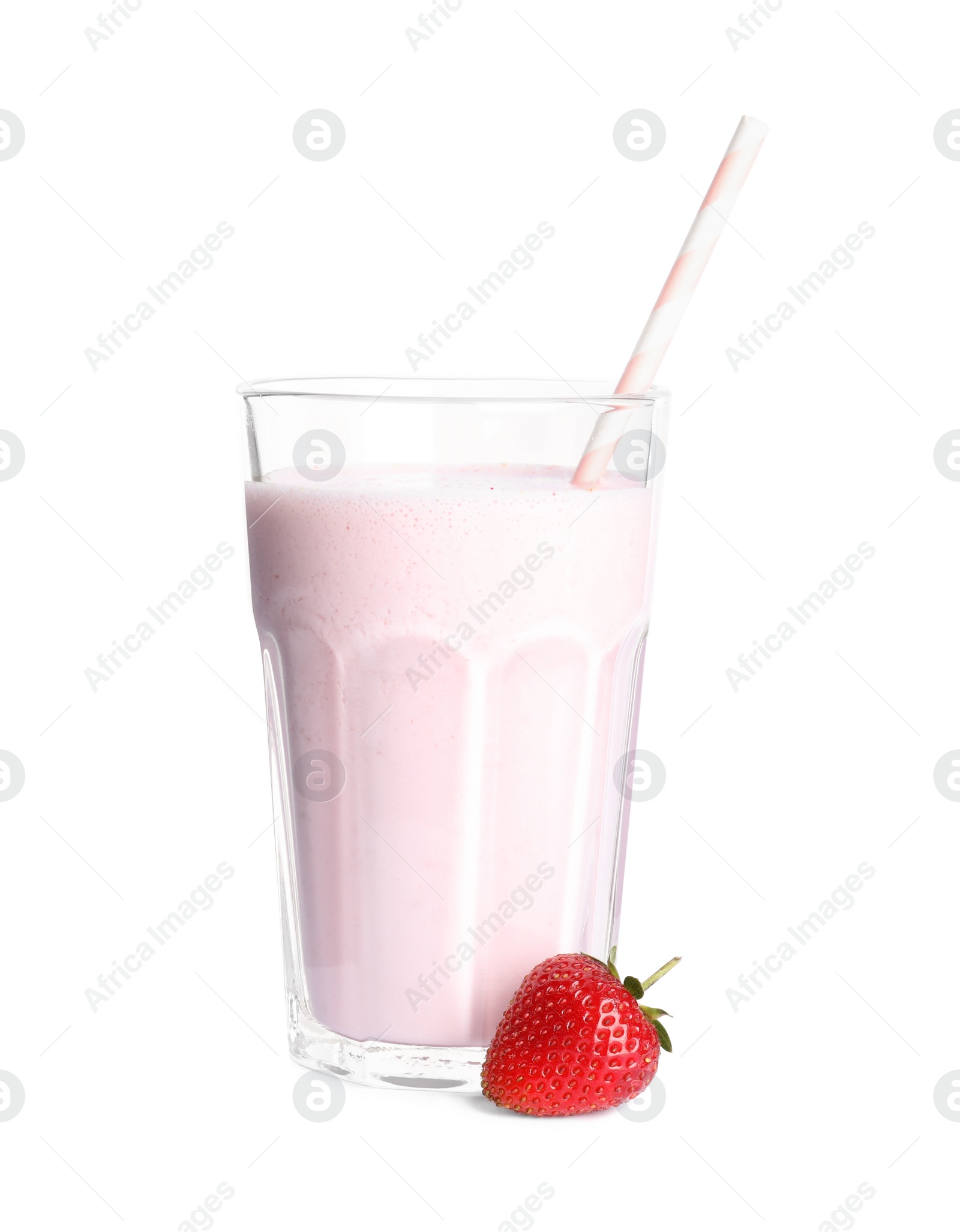 Photo of Tasty strawberry milk shake and fresh berry isolated on white